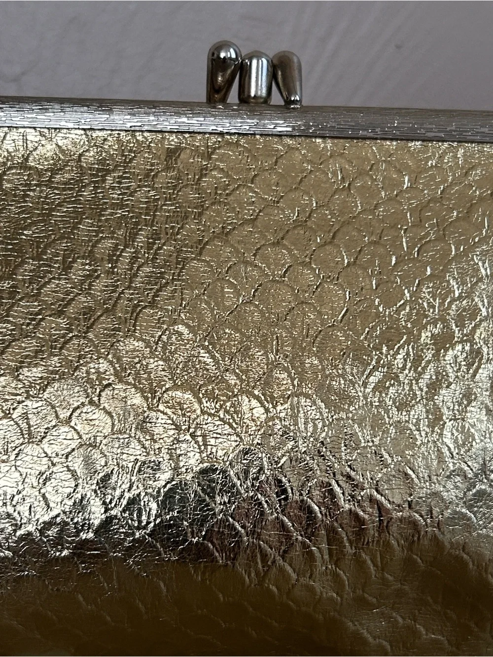 Vintage MCM Celebrity New York Gold Metallic  Clutch Bag. Pink Lined Made in USA
